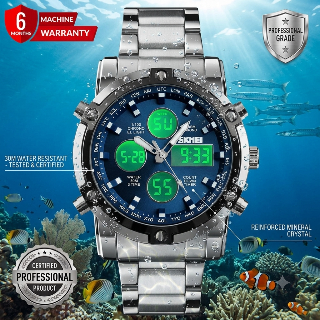 Dual Time (Analog & Digital) Chain Watch For Men