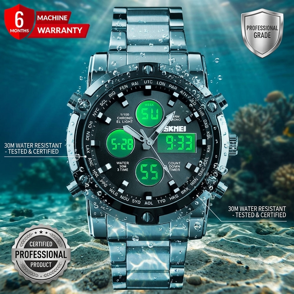 Dual Time (Analog & Digital) Chain Watch For Men