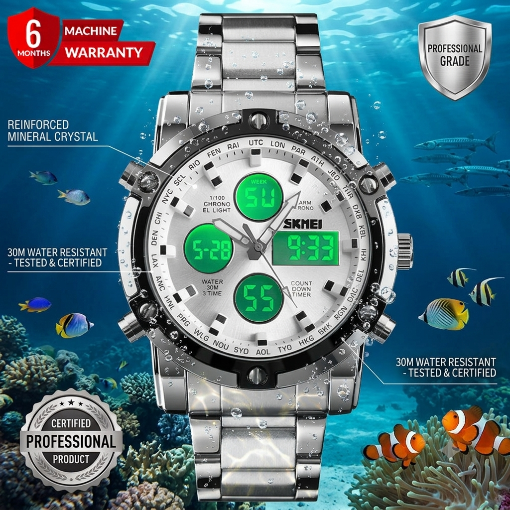 Dual Time (Analog & Digital) Chain Watch For Men